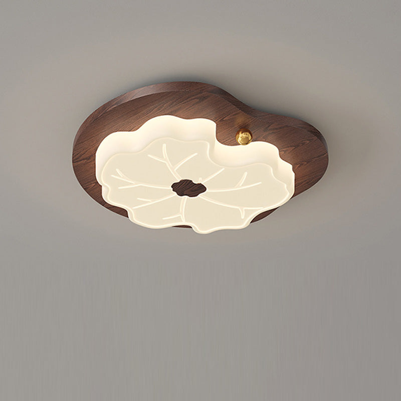 Contemporary Creative Lotus Leaf Rubberwood Base PE Shade LED Flush Mount Ceiling Light For Bedroom