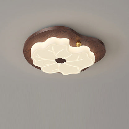 Contemporary Creative Lotus Leaf Rubberwood Base PE Shade LED Flush Mount Ceiling Light For Bedroom