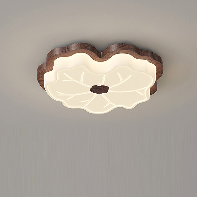Contemporary Creative Lotus Leaf Rubberwood Base PE Shade LED Flush Mount Ceiling Light For Bedroom
