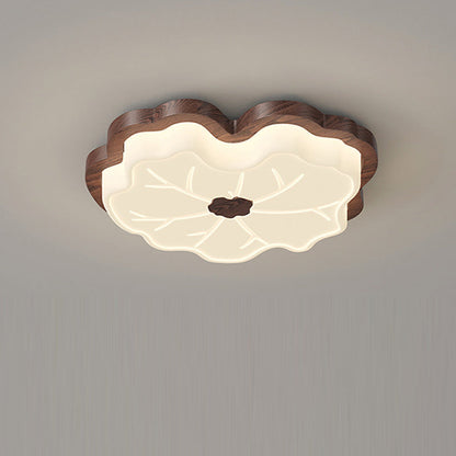 Contemporary Creative Lotus Leaf Rubberwood Base PE Shade LED Flush Mount Ceiling Light For Bedroom