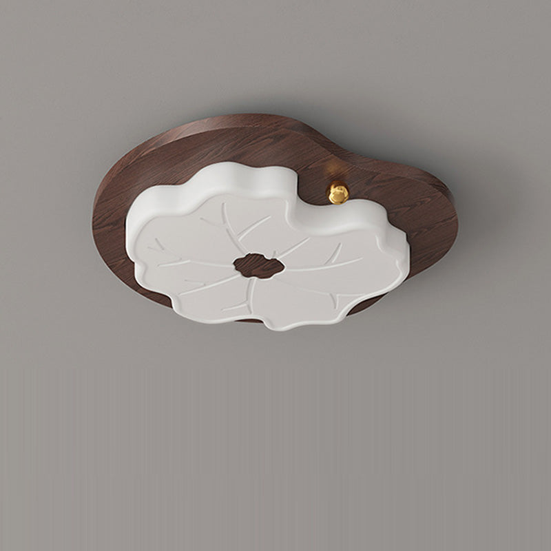 Contemporary Creative Lotus Leaf Rubberwood Base PE Shade LED Flush Mount Ceiling Light For Bedroom