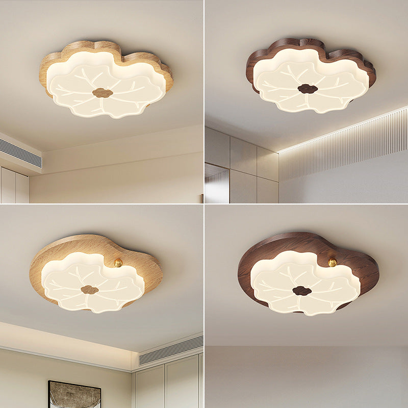 Contemporary Creative Lotus Leaf Rubberwood Base PE Shade LED Flush Mount Ceiling Light For Bedroom