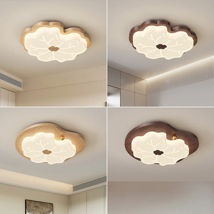 Contemporary Creative Lotus Leaf Rubberwood Base PE Shade LED Flush Mount Ceiling Light For Bedroom