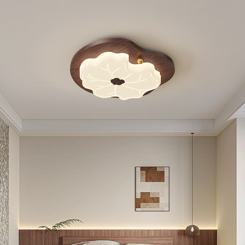 Contemporary Creative Lotus Leaf Rubberwood Base PE Shade LED Flush Mount Ceiling Light For Bedroom
