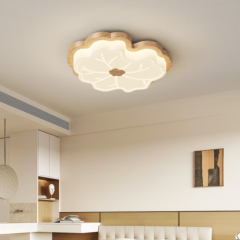 Contemporary Creative Lotus Leaf Rubberwood Base PE Shade LED Flush Mount Ceiling Light For Bedroom