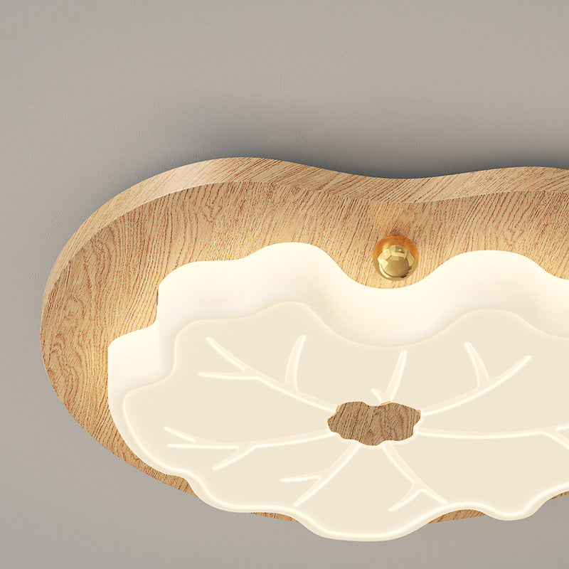 Contemporary Creative Lotus Leaf Rubberwood Base PE Shade LED Flush Mount Ceiling Light For Bedroom