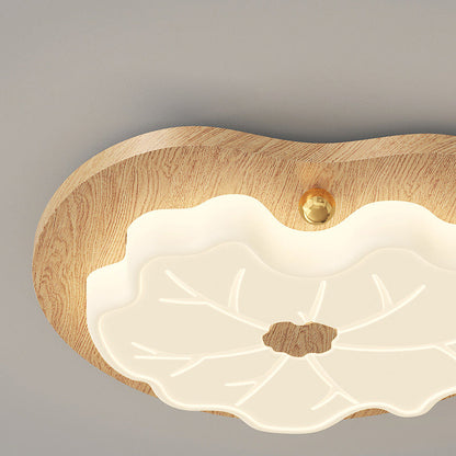 Contemporary Creative Lotus Leaf Rubberwood Base PE Shade LED Flush Mount Ceiling Light For Bedroom