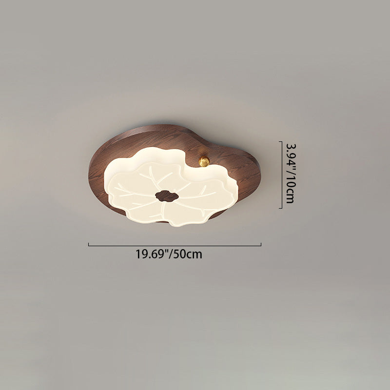 Contemporary Creative Lotus Leaf Rubberwood Base PE Shade LED Flush Mount Ceiling Light For Bedroom