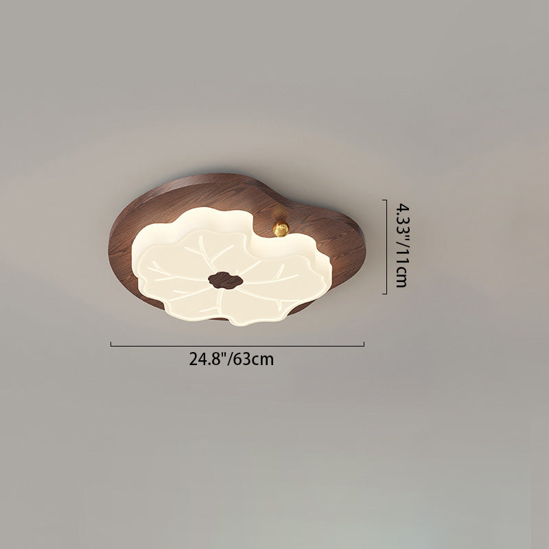 Contemporary Creative Lotus Leaf Rubberwood Base PE Shade LED Flush Mount Ceiling Light For Bedroom