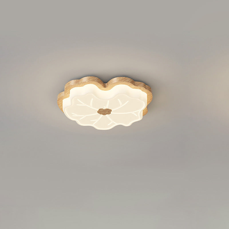Contemporary Creative Lotus Leaf Rubberwood Base PE Shade LED Flush Mount Ceiling Light For Bedroom