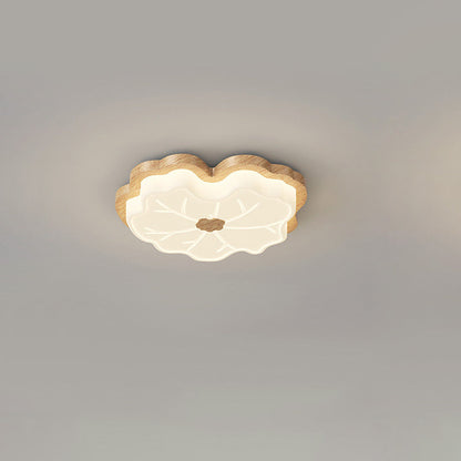 Contemporary Creative Lotus Leaf Rubberwood Base PE Shade LED Flush Mount Ceiling Light For Bedroom