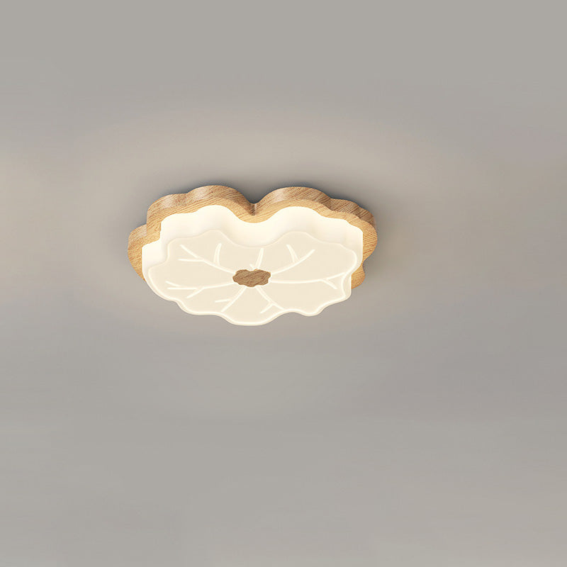 Contemporary Creative Lotus Leaf Rubberwood Base PE Shade LED Flush Mount Ceiling Light For Bedroom