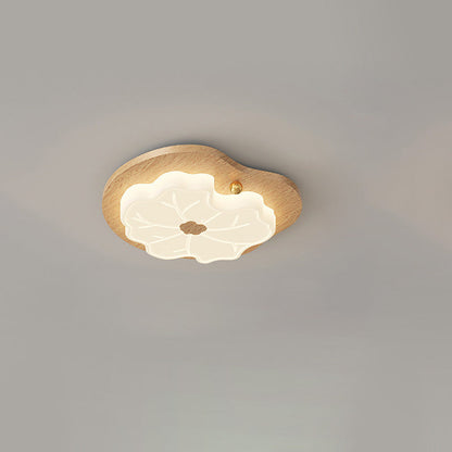 Contemporary Creative Lotus Leaf Rubberwood Base PE Shade LED Flush Mount Ceiling Light For Bedroom