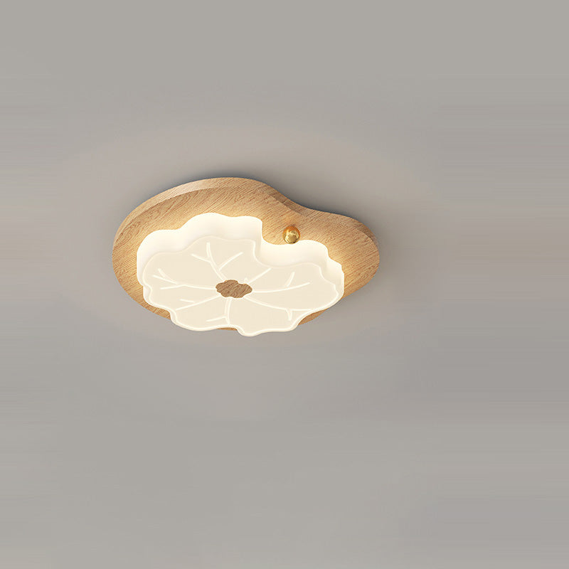 Contemporary Creative Lotus Leaf Rubberwood Base PE Shade LED Flush Mount Ceiling Light For Bedroom