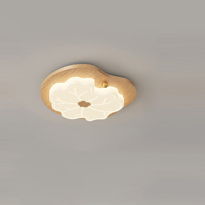 Contemporary Creative Lotus Leaf Rubberwood Base PE Shade LED Flush Mount Ceiling Light For Bedroom
