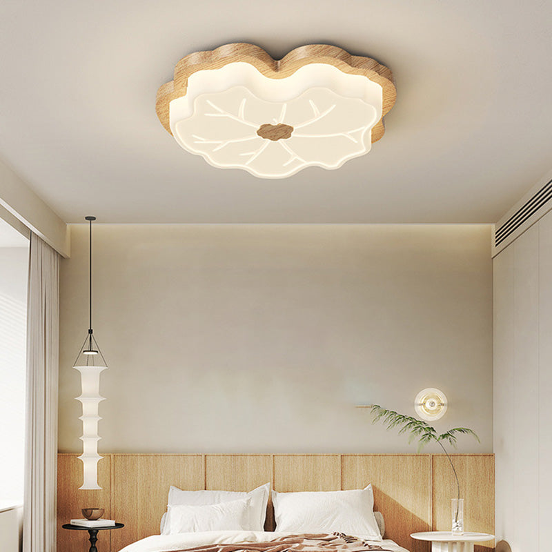 Contemporary Creative Lotus Leaf Rubberwood Base PE Shade LED Flush Mount Ceiling Light For Bedroom