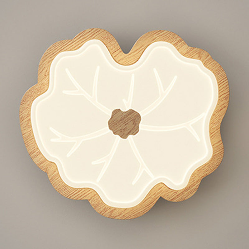 Contemporary Creative Lotus Leaf Rubberwood Base PE Shade LED Flush Mount Ceiling Light For Bedroom