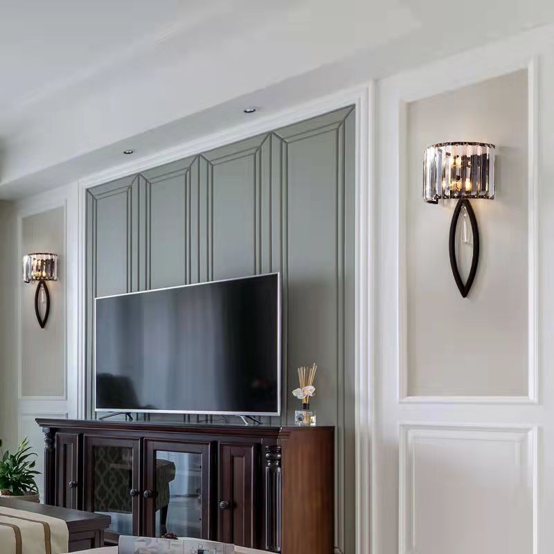 Modern Luxury Half Circle Striped Iron Crystal 2-Light Wall Sconce Lamp For Living Room