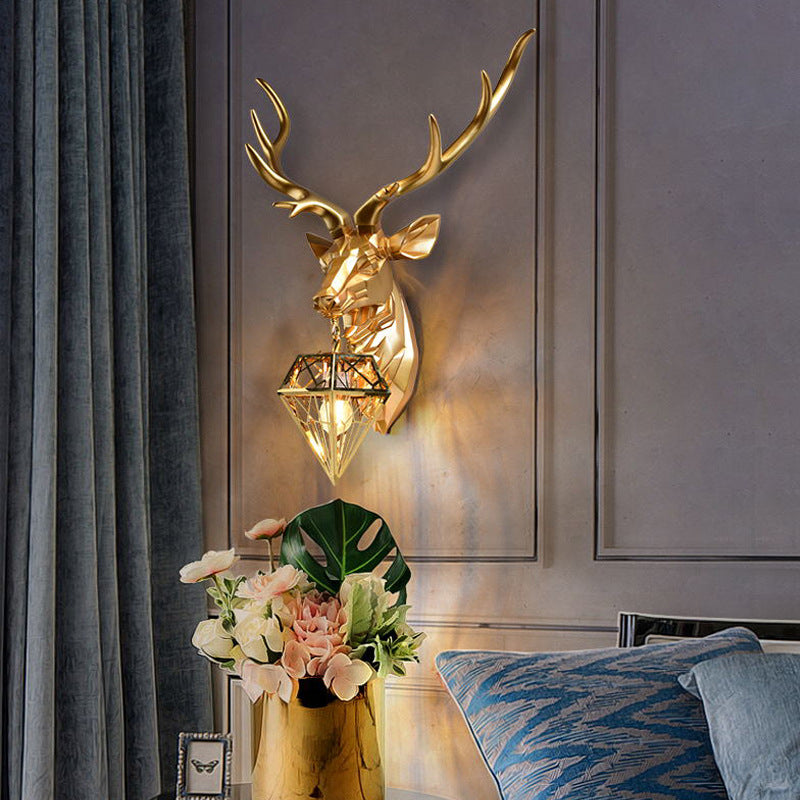 Contemporary Creative Deer Head Diamond Resin Stainless Steel Shade 1-Light Wall Sconce Lamp For Living Room