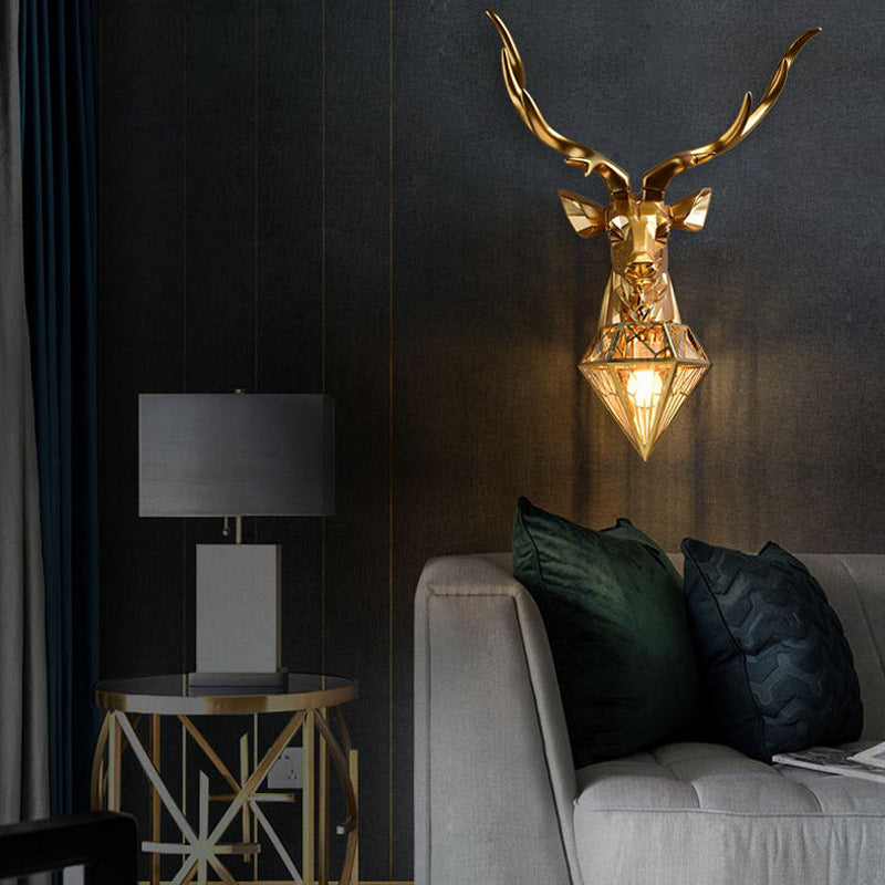 Contemporary Creative Deer Head Diamond Resin Stainless Steel Shade 1-Light Wall Sconce Lamp For Living Room