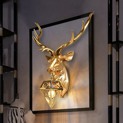 Contemporary Creative Deer Head Diamond Resin Stainless Steel Shade 1-Light Wall Sconce Lamp For Living Room
