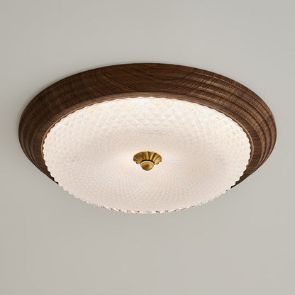 Contemporary Vintage Round Wood Grain Hardware Frame Glass Shade LED Flush Mount Ceiling Light For Bedroom