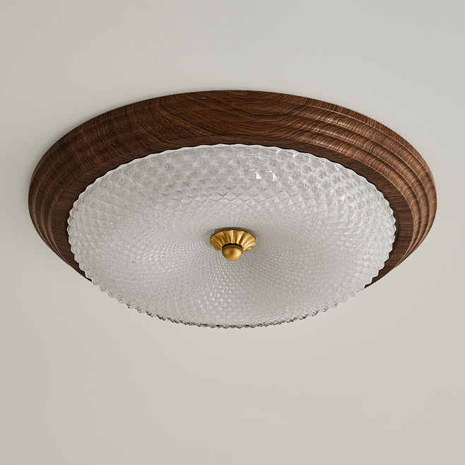 Contemporary Vintage Round Wood Grain Hardware Frame Glass Shade LED Flush Mount Ceiling Light For Bedroom
