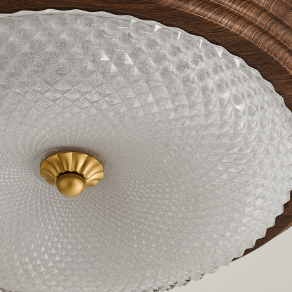 Contemporary Vintage Round Wood Grain Hardware Frame Glass Shade LED Flush Mount Ceiling Light For Bedroom