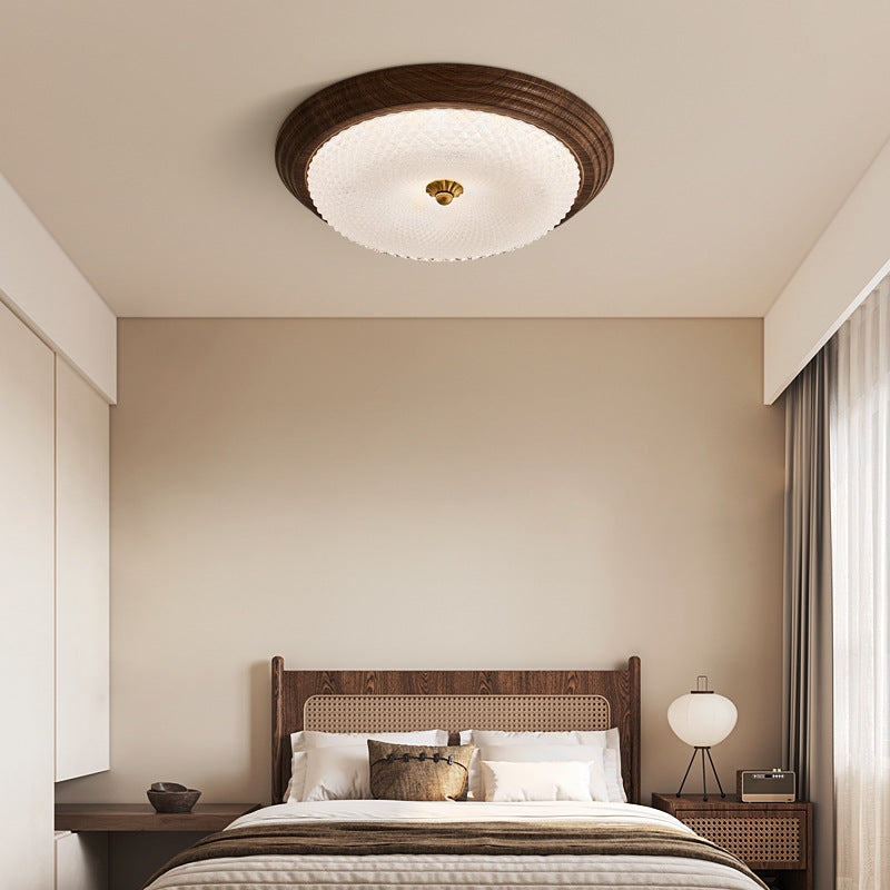 Contemporary Vintage Round Wood Grain Hardware Frame Glass Shade LED Flush Mount Ceiling Light For Bedroom