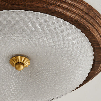 Contemporary Vintage Round Wood Grain Hardware Frame Glass Shade LED Flush Mount Ceiling Light For Bedroom