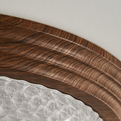 Contemporary Vintage Round Wood Grain Hardware Frame Glass Shade LED Flush Mount Ceiling Light For Bedroom