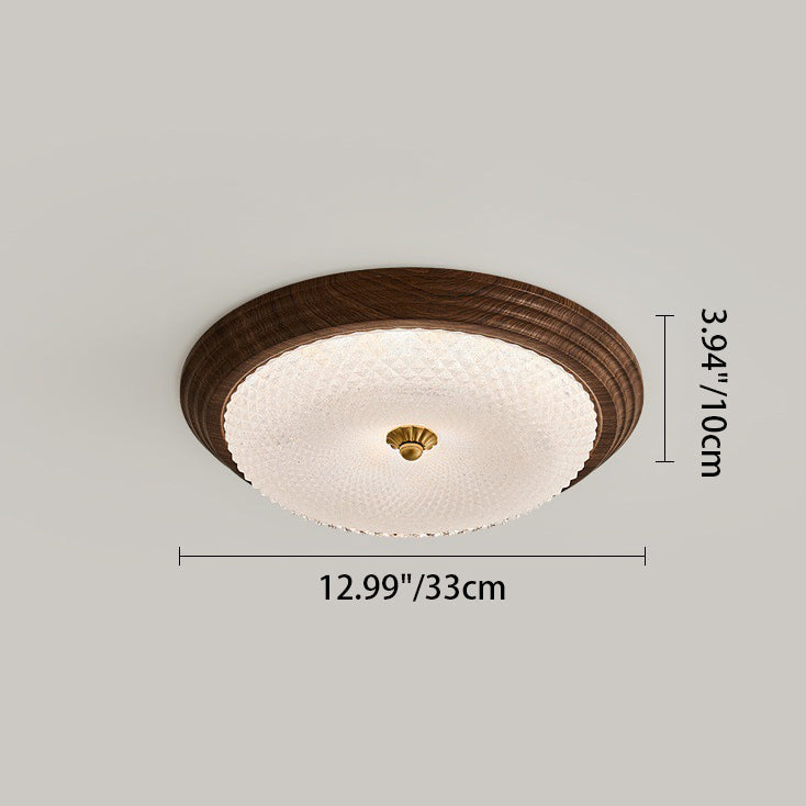 Contemporary Vintage Round Wood Grain Hardware Frame Glass Shade LED Flush Mount Ceiling Light For Bedroom