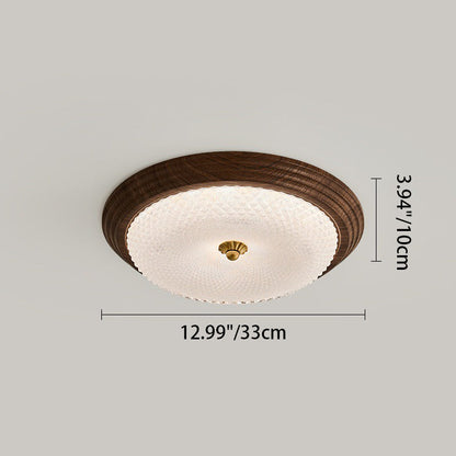 Contemporary Vintage Round Wood Grain Hardware Frame Glass Shade LED Flush Mount Ceiling Light For Bedroom