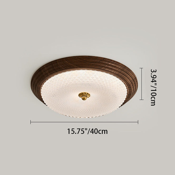 Contemporary Vintage Round Wood Grain Hardware Frame Glass Shade LED Flush Mount Ceiling Light For Bedroom