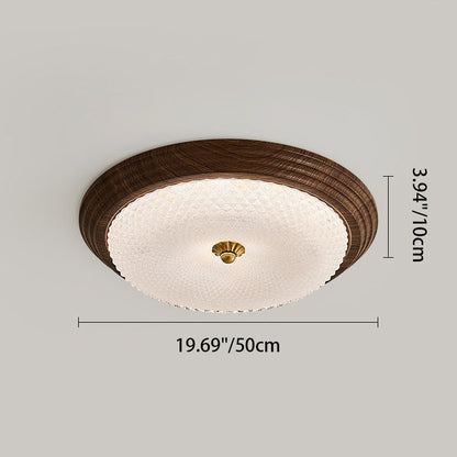 Contemporary Vintage Round Wood Grain Hardware Frame Glass Shade LED Flush Mount Ceiling Light For Bedroom