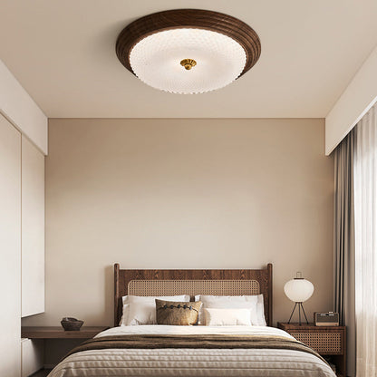 Contemporary Vintage Round Wood Grain Hardware Frame Glass Shade LED Flush Mount Ceiling Light For Bedroom