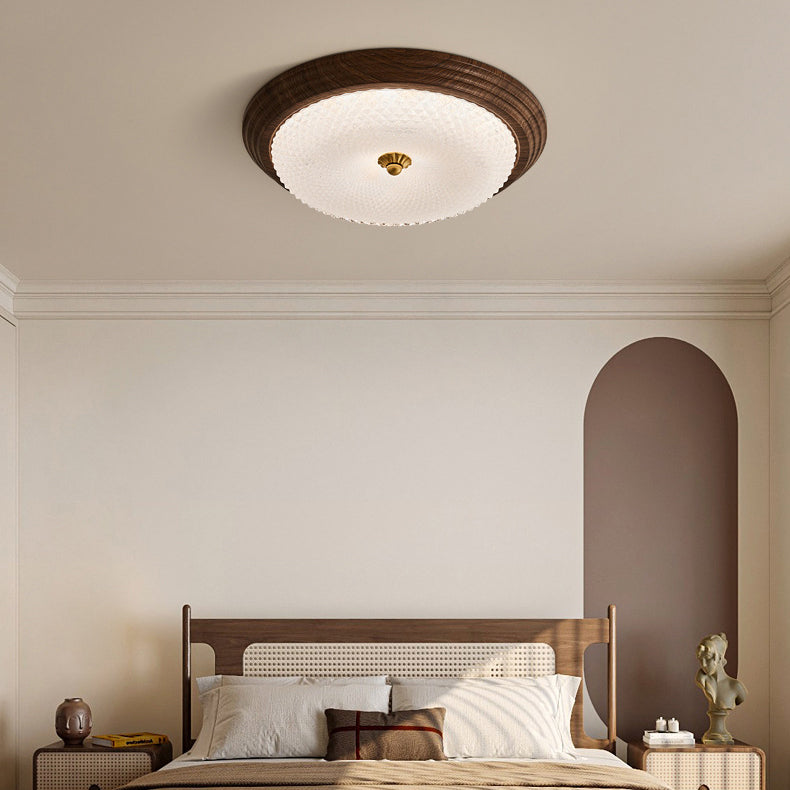 Contemporary Vintage Round Wood Grain Hardware Frame Glass Shade LED Flush Mount Ceiling Light For Bedroom
