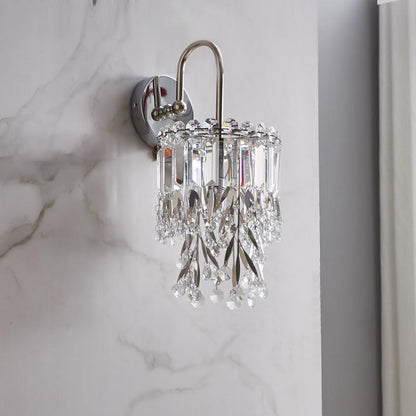 Modern Luxury Curved Pole Round Crystal Shade Stainless Steel Frame 1-Light Wall Sconce Lamp For Bedroom