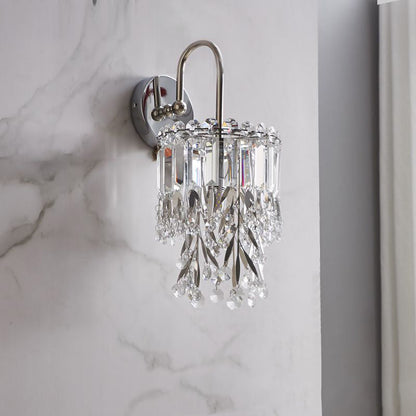 Modern Luxury Curved Pole Round Crystal Shade Stainless Steel Frame 1-Light Wall Sconce Lamp For Bedroom