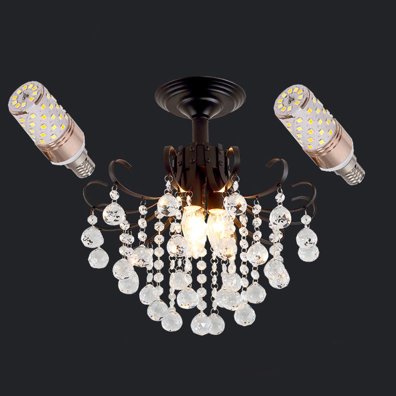 Traditional European Round Curved Pole Carved Crystal Shade Iron Frame 3-Light Semi-Flush Mount Ceiling Light For Living Room
