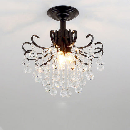 Traditional European Round Curved Pole Carved Crystal Shade Iron Frame 3-Light Semi-Flush Mount Ceiling Light For Living Room