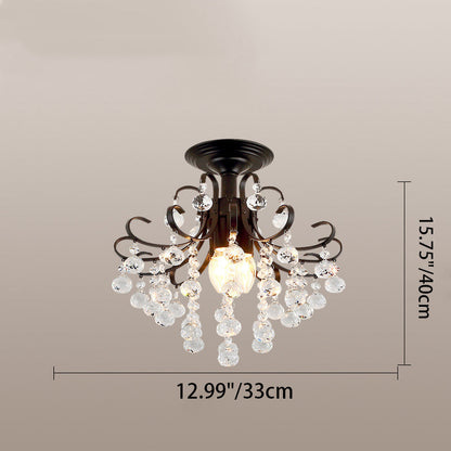 Traditional European Round Curved Pole Carved Crystal Shade Iron Frame 3-Light Semi-Flush Mount Ceiling Light For Living Room
