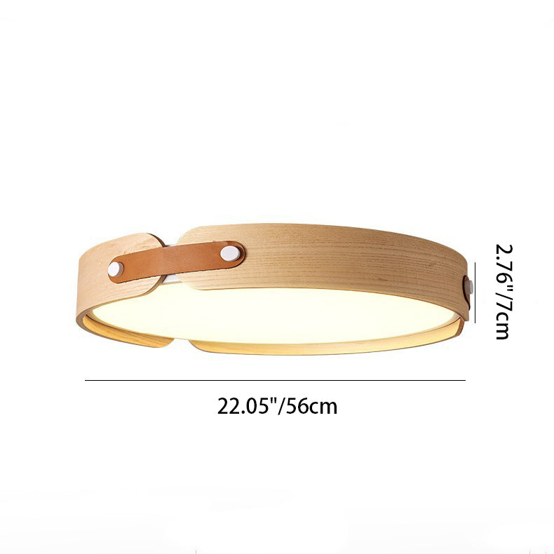 Modern Minimalist Round Iron Solid Wood Frame LED Flush Mount Ceiling Light For Bedroom