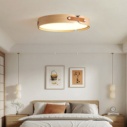 Modern Minimalist Round Iron Solid Wood Frame LED Flush Mount Ceiling Light For Bedroom