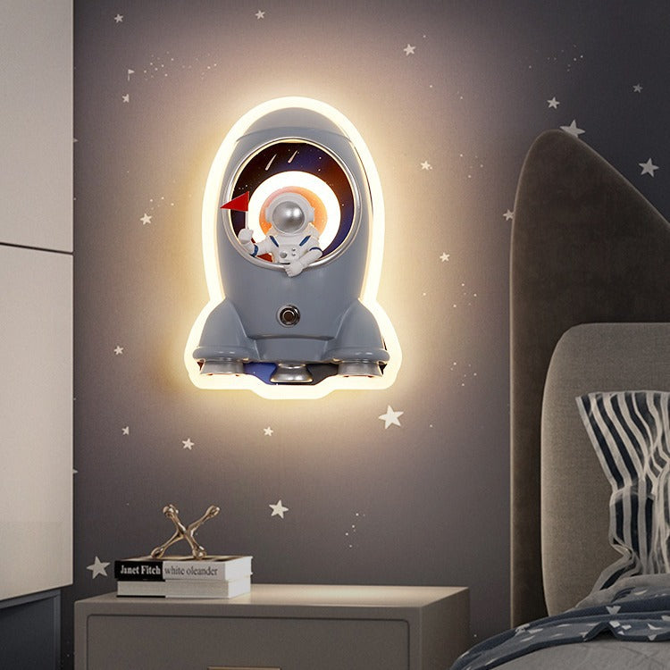 Contemporary Creative Kids Rocket Astronaut Metal Resin Shade LED Wall Sconce Lamp For Bedroom
