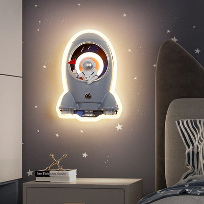 Contemporary Creative Kids Rocket Astronaut Metal Resin Shade LED Wall Sconce Lamp For Bedroom