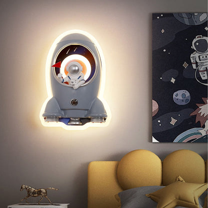 Contemporary Creative Kids Rocket Astronaut Metal Resin Shade LED Wall Sconce Lamp For Bedroom