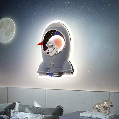 Contemporary Creative Kids Rocket Astronaut Metal Resin Shade LED Wall Sconce Lamp For Bedroom