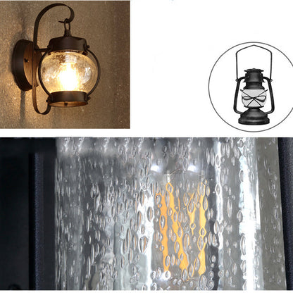 Traditional Rustic Round Oval Lantern Aluminum Frame Glass Shade 1-Light Wall Sconce Lamp For Garden