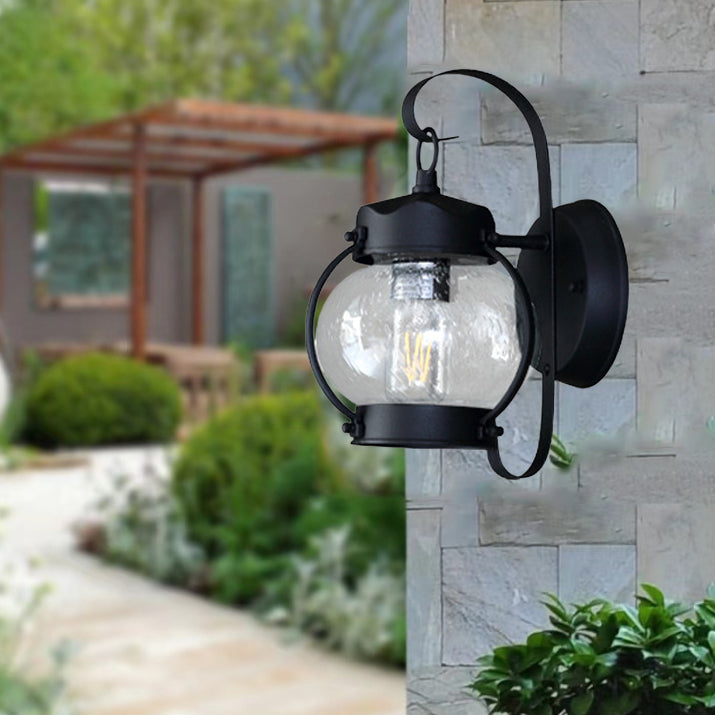 Traditional Rustic Round Oval Lantern Aluminum Frame Glass Shade 1-Light Wall Sconce Lamp For Garden